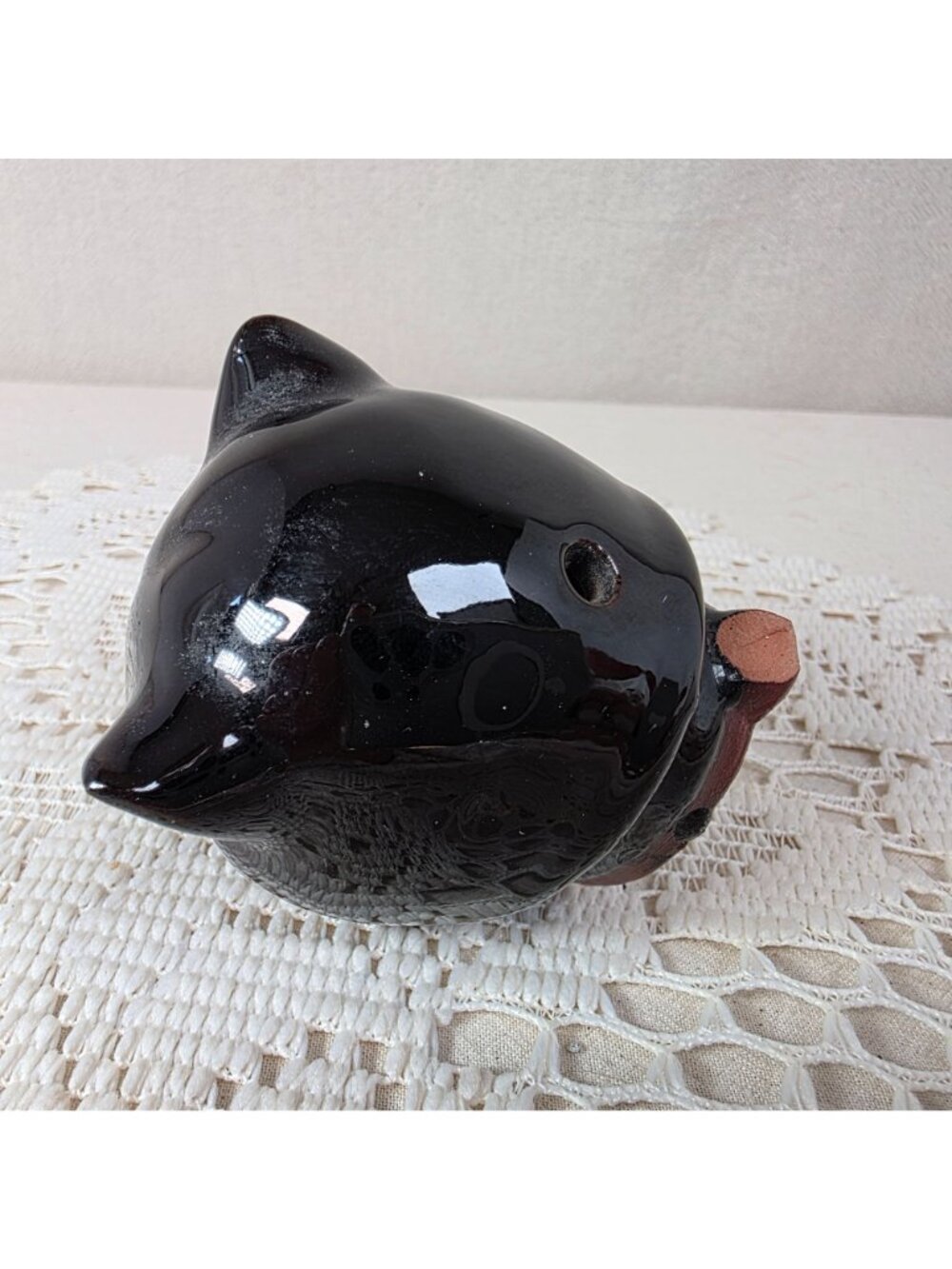 Vintage Shafford Redware Black Cat Teapot With Red & White Painted Details - 5" - Picture 8 of 8